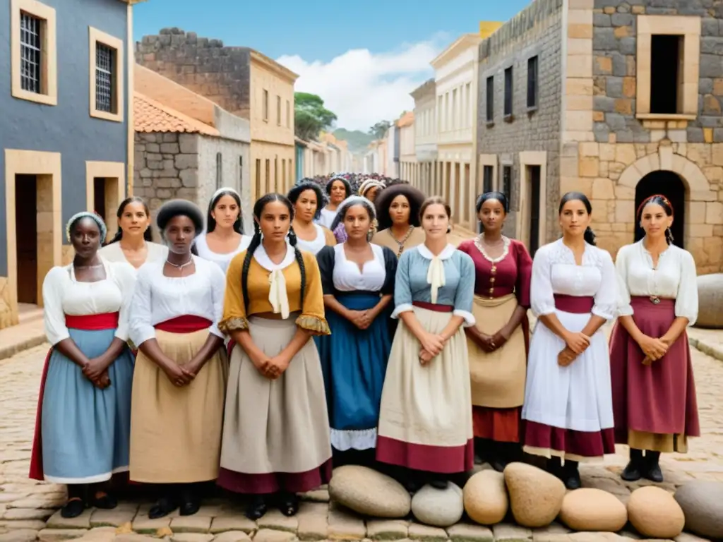 Mujeres destacadas en la historia de Uruguay, de diversas etnias, luchando por igualdad en la época colonial, bajo un atardecer prometedor