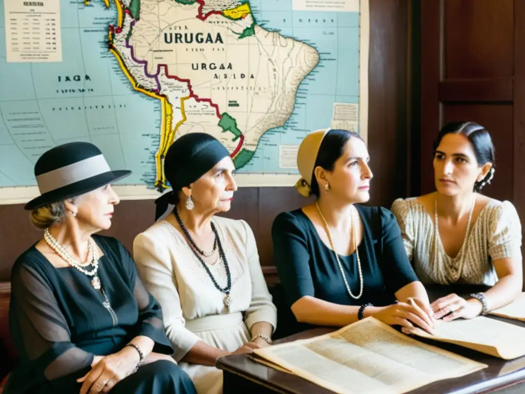 Mujeres destacadas en la historia de Uruguay, retratadas en el 1920, simbolizando esperanza y progreso