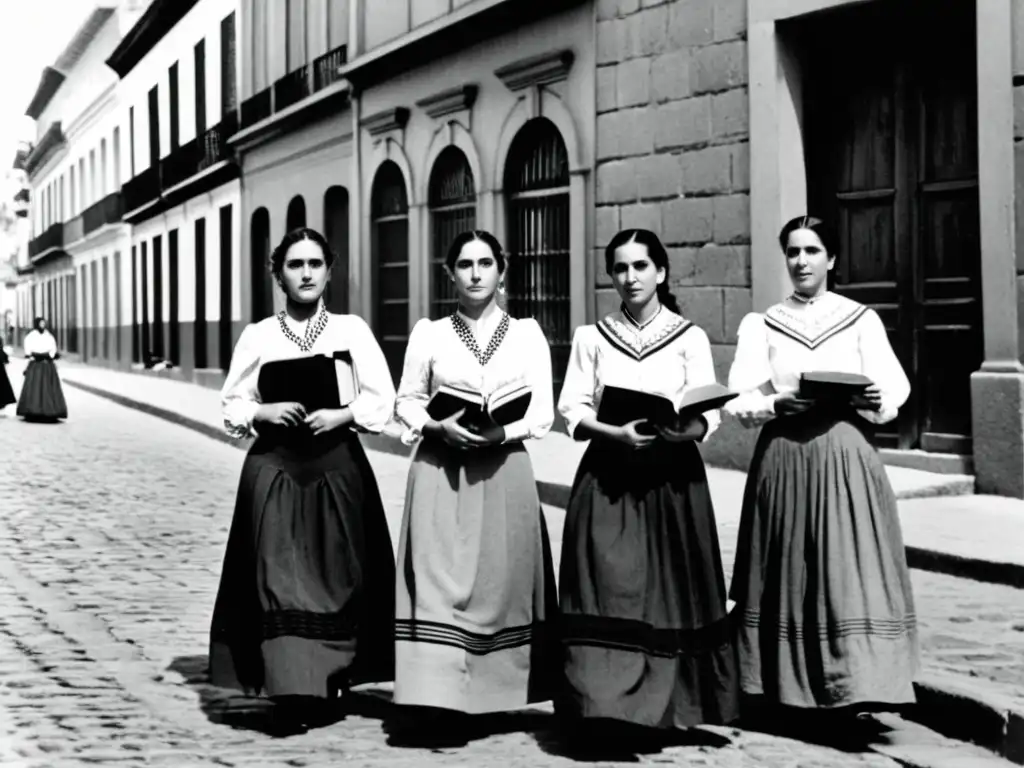 Mujeres destacadas en la historia de Uruguay, vestidas con elegancia del siglo XIX, como abanderadas del progreso en las calles de Montevideo