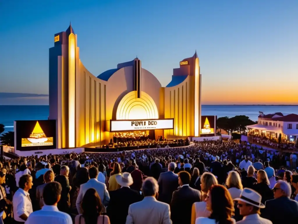 Multitud animada en el Festival Internacional de Cine de Punta del Este, Uruguay, bajo un atardecer dorado lleno de expectación y diversidad