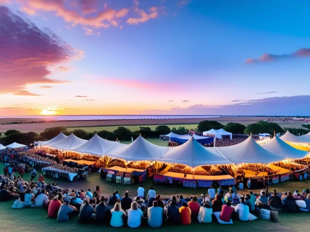 Multitud diversa disfrutando de la música y la danza en los vibrantes eventos al aire libre Uruguay 2022, bajo un cielo pintado por el atardecer