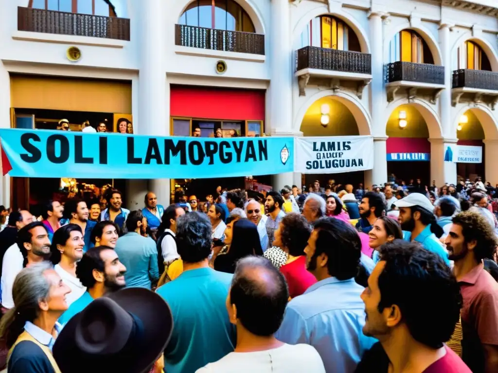 Multitud emocionada en un bullicioso festival de teatro independiente en Uruguay, con el histórico Teatro Solís brillando al atardecer