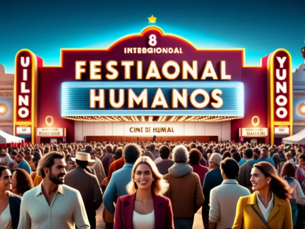 Multitud emocionada en el 'Festival Internacional de Cine y Derechos Humanos Uruguay', disfrutando de una película conmovedora bajo el dorado atardecer de Montevideo