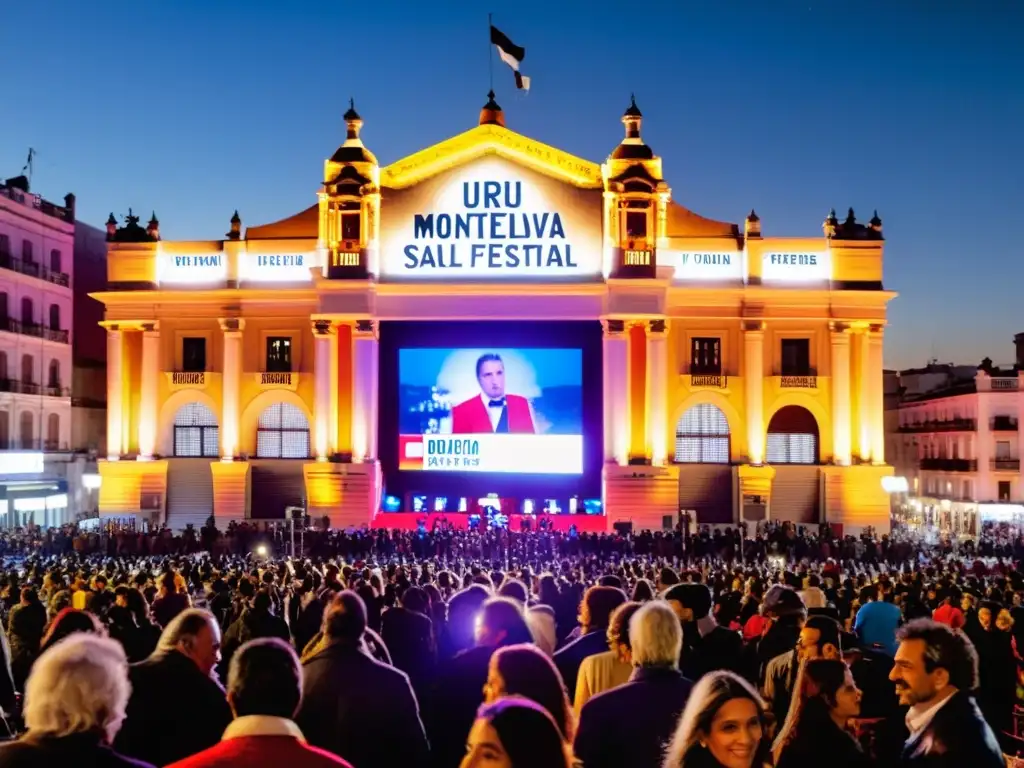 Multitud emocionada en los festivales de cine uruguayos de reconocimiento internacional, con el icónico Palacio Salvo iluminado en Montevideo