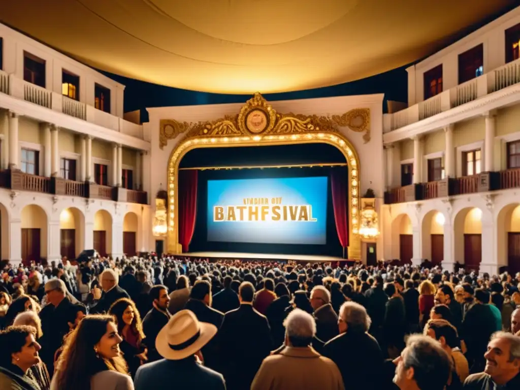 Multitud emocionada en uno de los prestigiosos festivales de cine y teatro en Uruguay, bajo la cálida luz dorada de un teatro histórico