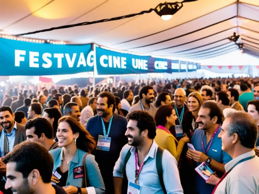 Multitud entusiasta disfrutando de los festivales de cine en Uruguay bajo un cielo estrellado y un luminoso letrero