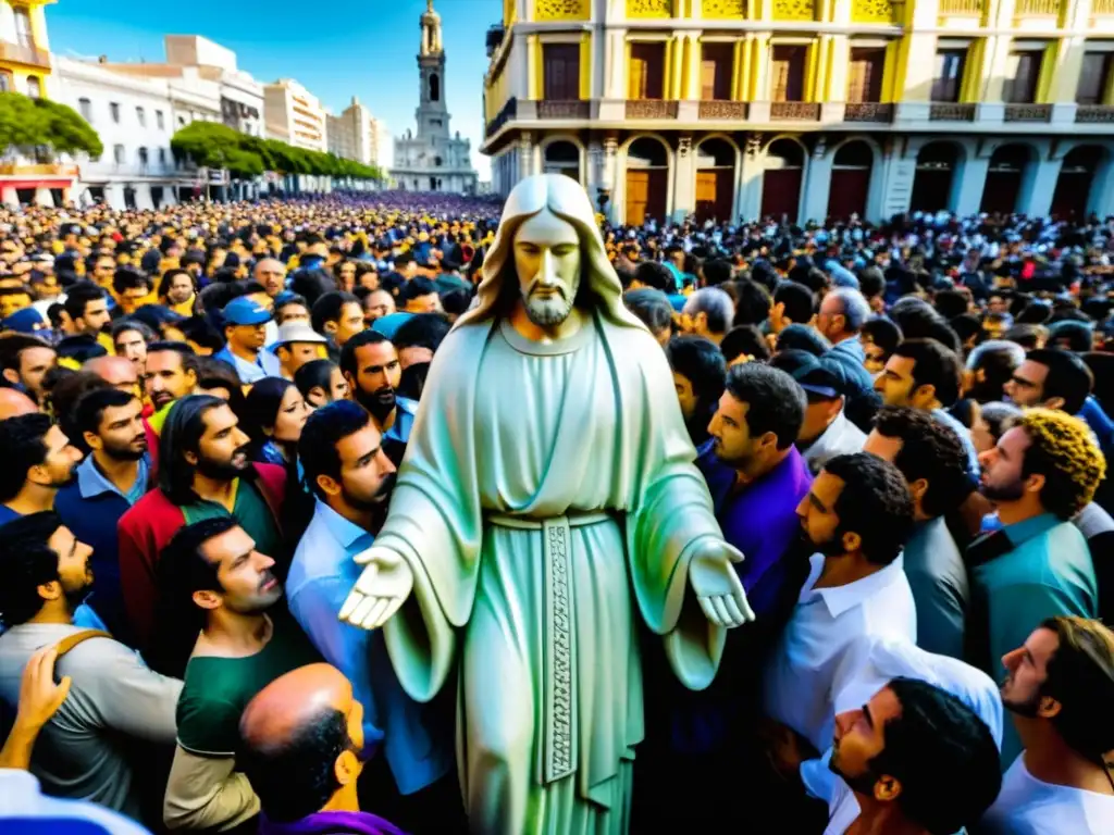 Multitud expectante en Montevideo, observando una procesión de Semana Santa, con el contraste de la tradición y modernidad de Uruguay en 8K