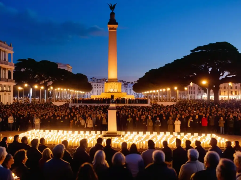 Multitud en Plaza Independencia, Montevideo, marcando el fin de la Dictadura cívicomilitar uruguaya; historia y esperanza en sus rostros iluminados