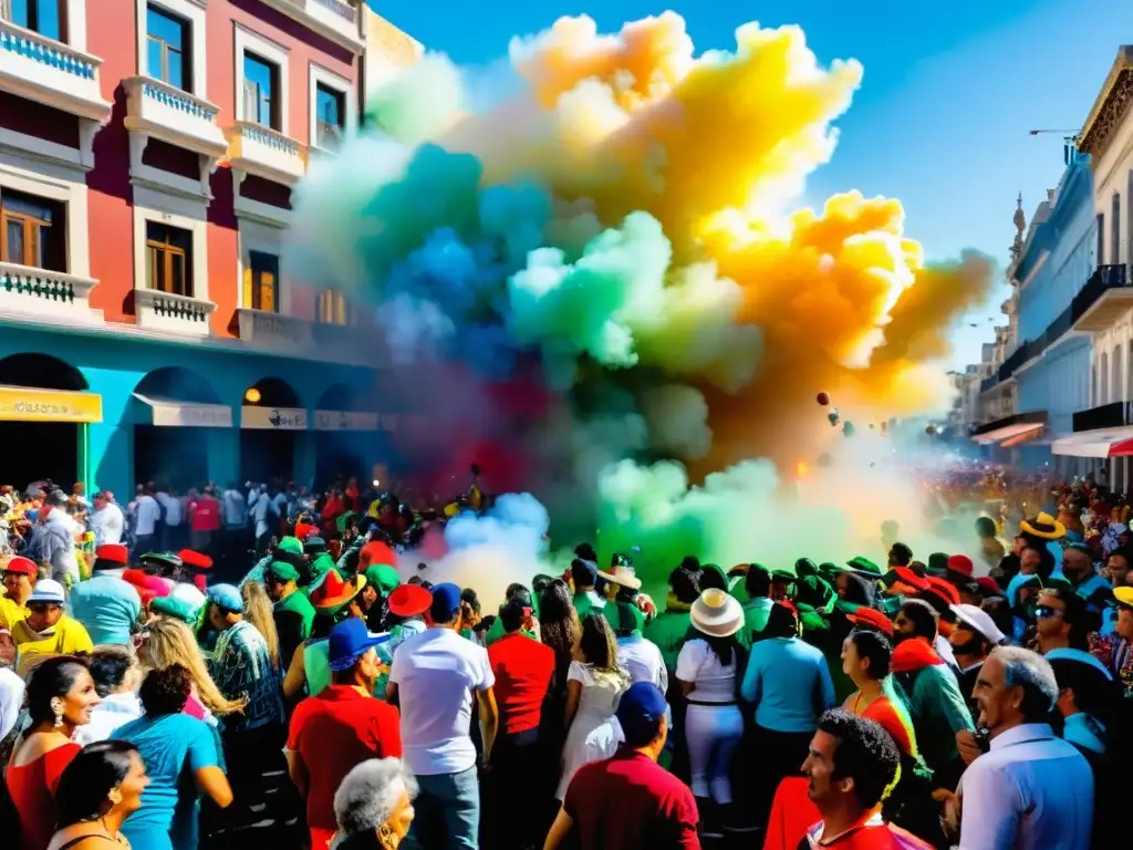 Multitud vibrante celebra el Carnaval Uruguayo, tradición de color y música, con trajes extravagantes y un apasionado tamborilero de candombe