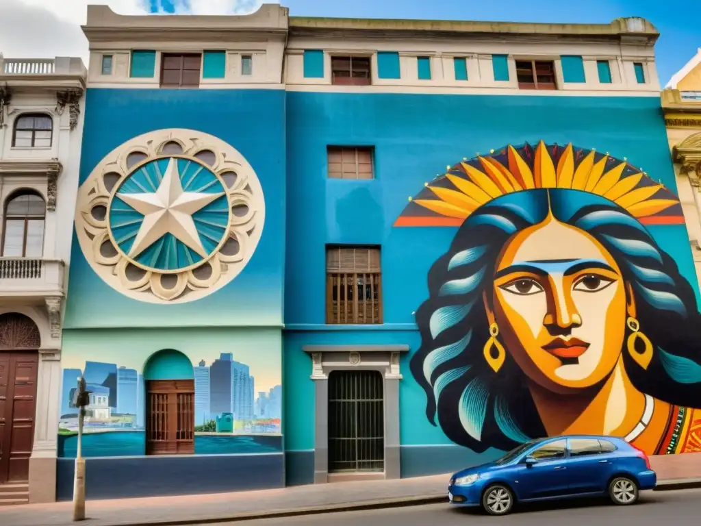 Murales históricos Uruguay: un atardecer dorado ilumina un mural colorido y detallado que relata la rica historia uruguaya