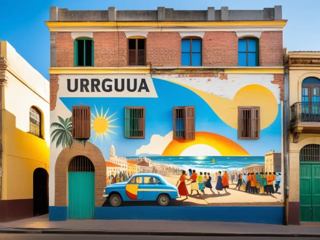 Murales históricos Uruguay: colorido mural en una calle de Montevideo, narrando la rica historia del país con arte y luz