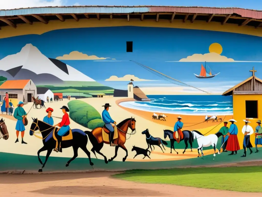 Murales históricos Uruguay: un tapiz vibrante de cultura, historia y vida en una fachada rústica bajo el sol poniente