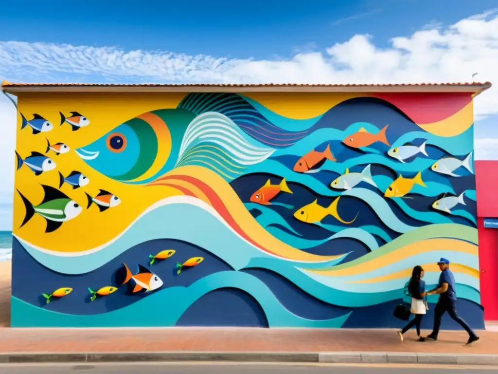 Murales de Carlos Páez Vilaró Punta del Este: un mural vibrante y detallado que despliega una escena de pesca llena de color y vida