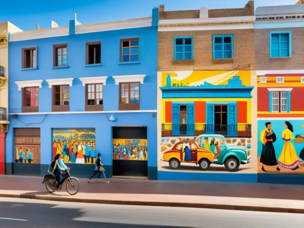 Muralismo como expresión cultural en Uruguay, reflejado en un mural colorido y detallado en una calle vibrante de Montevideo