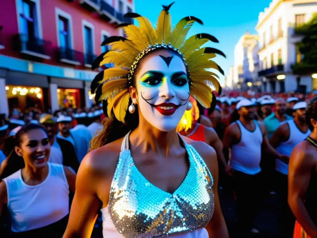 Murga en pleno carnaval de Uruguay, danzando con trajes brillantes en una calle de Montevideo llena de color, reflejando la tradición y cultura