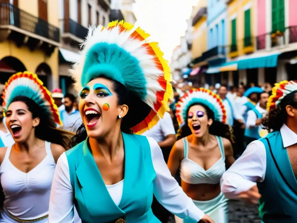 Murga radiante en el tradicional Carnaval de Uruguay, capturando la cultura y belleza de Uruguay en un baile apasionado bajo un cielo crepuscular