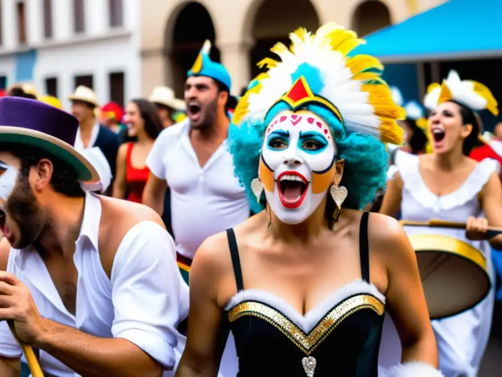 Murguistas en coloridos trajes cantan apasionadamente en el Carnaval Uruguayo, cultura y tradición palpables en la multitud fascinada