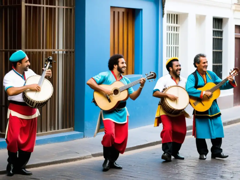 Músicos apasionados interpretando Candombe en las calles de Montevideo, reflejando la influencia de la música y sociedad en Uruguay