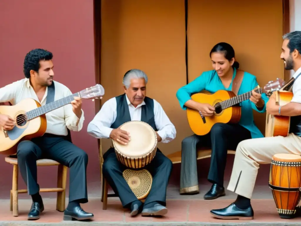 Músicos apasionados tocando música folklórica uruguaya, instrumentos y voces fusionándose bajo el dorado atardecer campirano