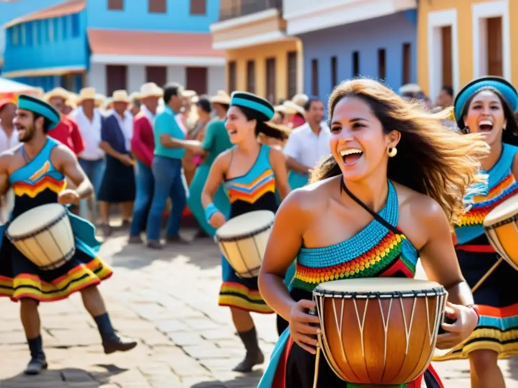 Músicos apasionados tocando música tradicional uruguaya, influencia mundial, con candombe y bandoneón en un festival vibrante al atardecer