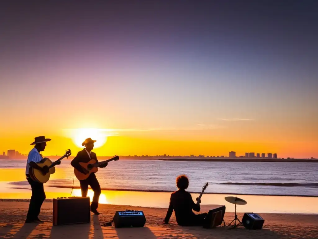 Músicos a orillas del Río de la Plata en Uruguay, tocando música uruguaya en la era digital frente a un atardecer vibrante