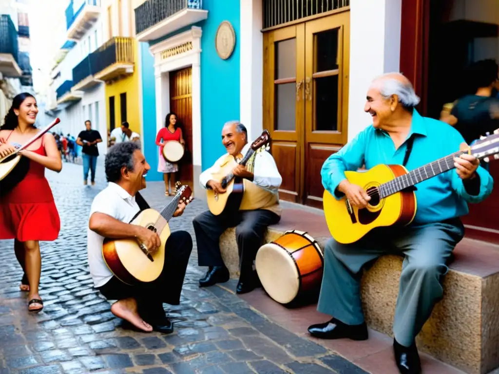 Músicos tocan con pasión la música tradicional uruguaya que influencia mundial, en una calle vibrante de Montevideo, irradiando alegría