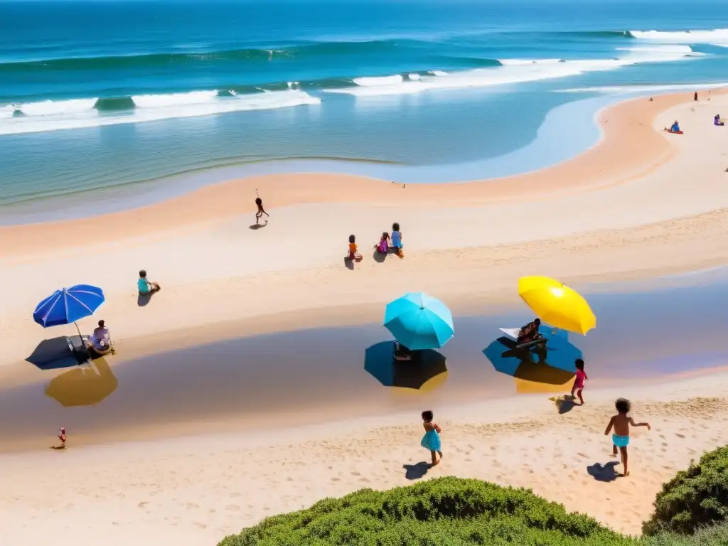 Niños jugando con alegría en la dorada arena de Punta del Este, un paraíso de destinos y actividades para niños en Uruguay