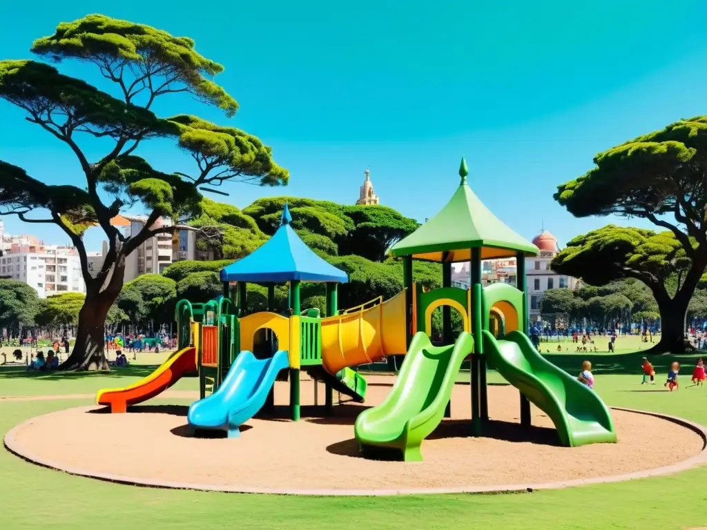 Niños disfrutando en un colorido parque de Montevideo, ejemplo de los destinos y actividades para niños en Uruguay