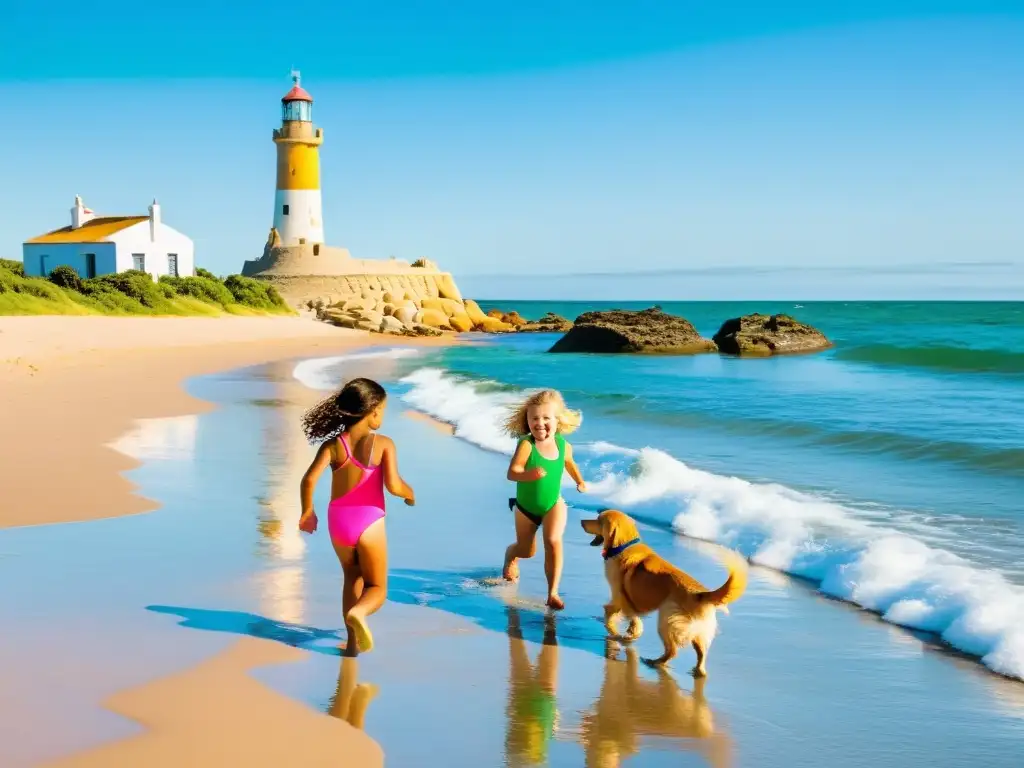 Niños felices construyendo castillos de arena y jugando con un perro en una tranquila playa uruguaya, con barcos coloridos y un faro al fondo