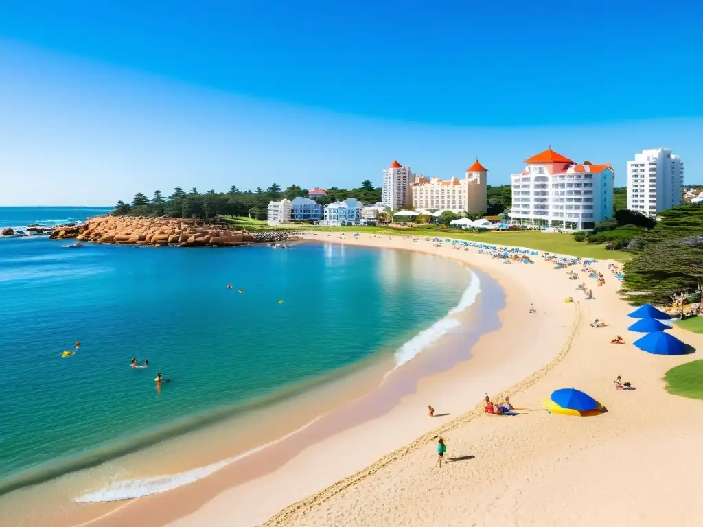 Niños felices jugando en la playa de Punta del Este, Uruguay, bajo el sol, con los mejores alojamientos para niños Uruguay al fondo