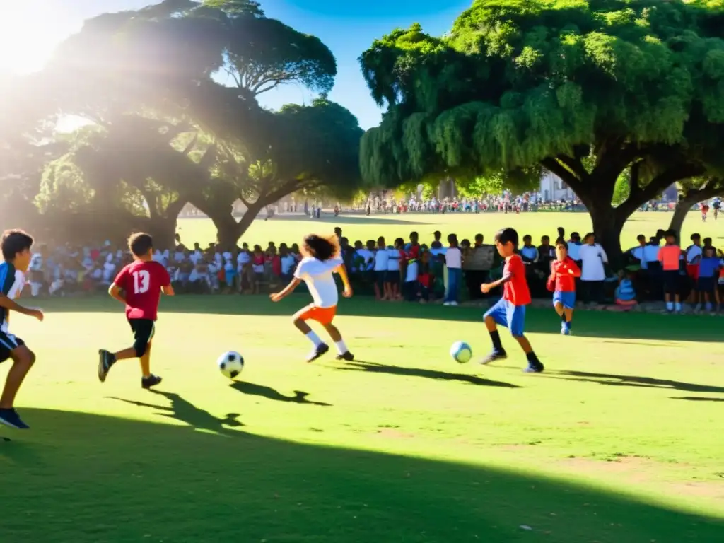 Niños jugando fútbol y adolescentes tocando música en un parque de Uruguay, con el atardecer y la arquitectura de Montevideo de fondo