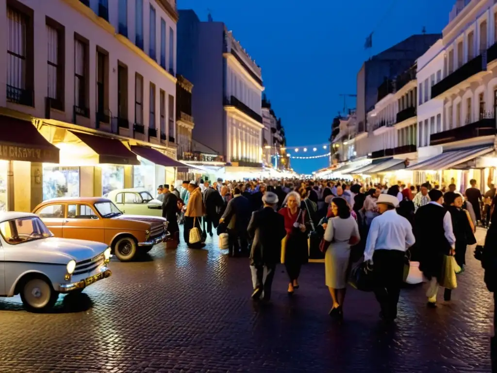 La Noche de la Nostalgia en Uruguay, un vibrante baile en calles empedradas, autos clásicos y luces antiguas bajo edificios coloniales