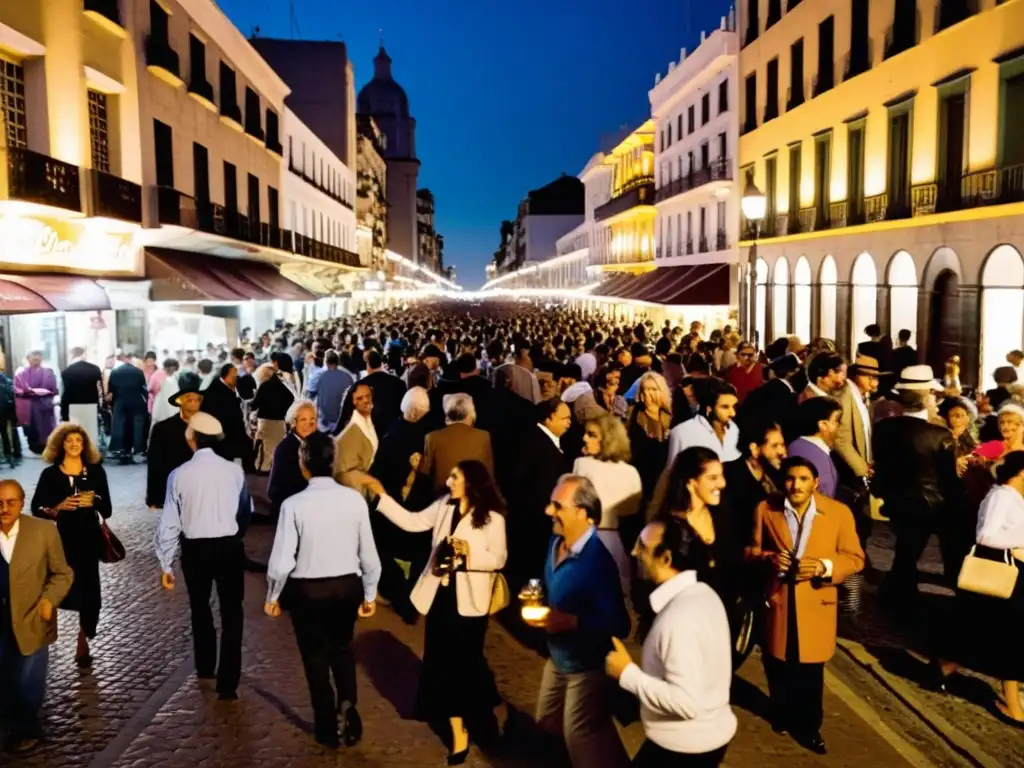 La Noche de la Nostalgia en Uruguay cobra vida en Montevideo; risas y música clásica llenan las calles de adoquines bajo un cielo estrellado