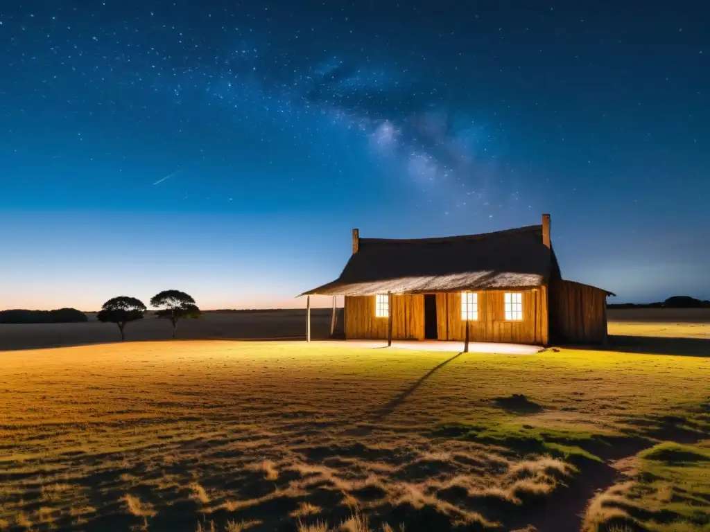 Fotografía nocturna en Uruguay: antigua casa de gaucho bañada por la luz de estrellas en un paisaje vasto y sereno