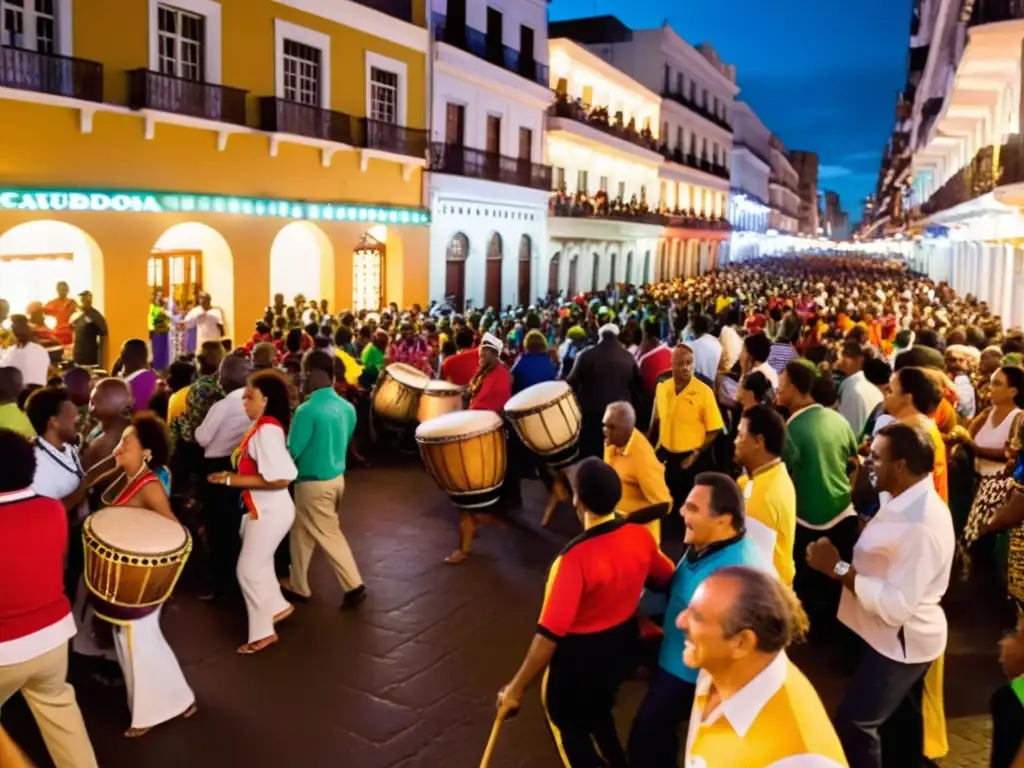 Celebración nocturna de la cultura afrouruguaya de Candombe en una calle uruguaya llena de alegría y diversidad