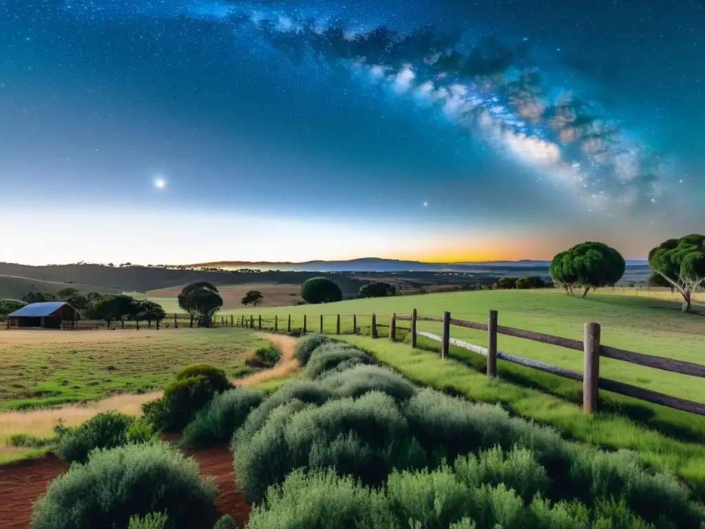 'Fotografía nocturna en Uruguay: Un panorama estrellado en el campo, con ganado, casas coloniales y un fotógrafo captando la belleza'