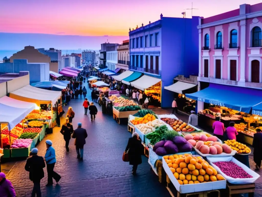 Nuevo día en Montevideo, Uruguay, con la luz dorada iluminando el animado mercado callejero