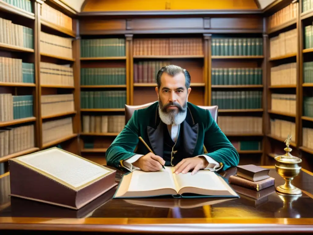 Obras literarias de Juan Zorrilla en una biblioteca majestuosa de Uruguay, iluminada por el atardecer, evocando nostalgia y magia