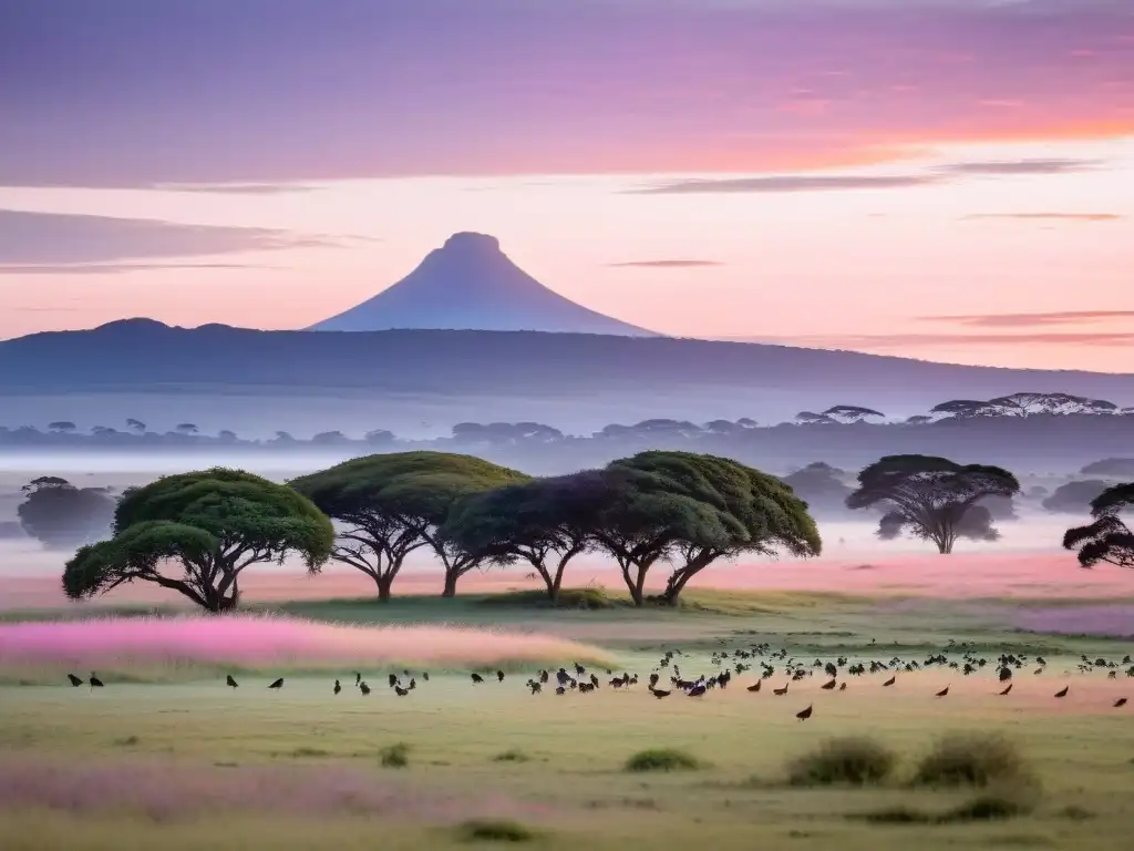 Observador de aves contemplando el amanecer en las tranquilas rutas de avistamiento de aves en Uruguay, rodeado de la rica biodiversidad aviar