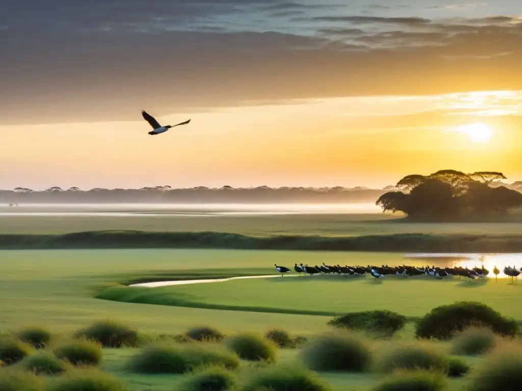 Observador de aves disfruta en uno de los mejores lugares de observación de aves en Uruguay, al amanecer dorado