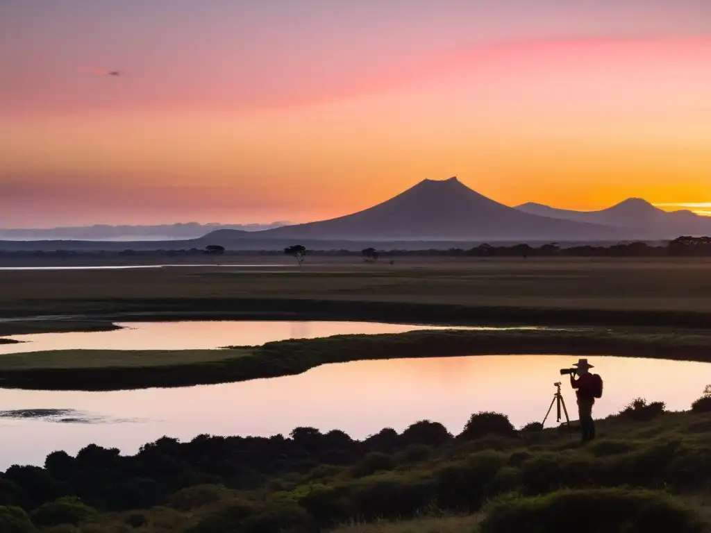 Observador de aves aplicando técnicas avanzadas de observación en un amanecer uruguayo, cautivado por la danza de aves nativas en el cielo rosado