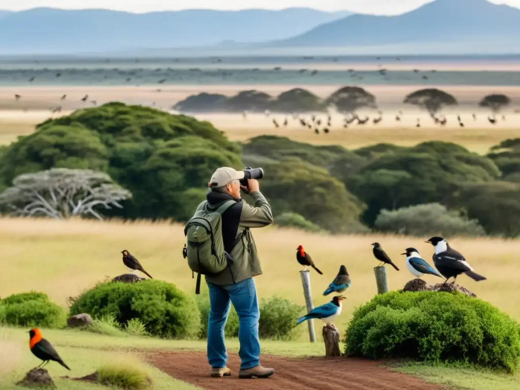 Observador de aves utiliza técnicas avanzadas de observación en el diverso paisaje uruguayo, capturando con su cámara de alta resolución y binoculares, la belleza de aves nativas al atardecer