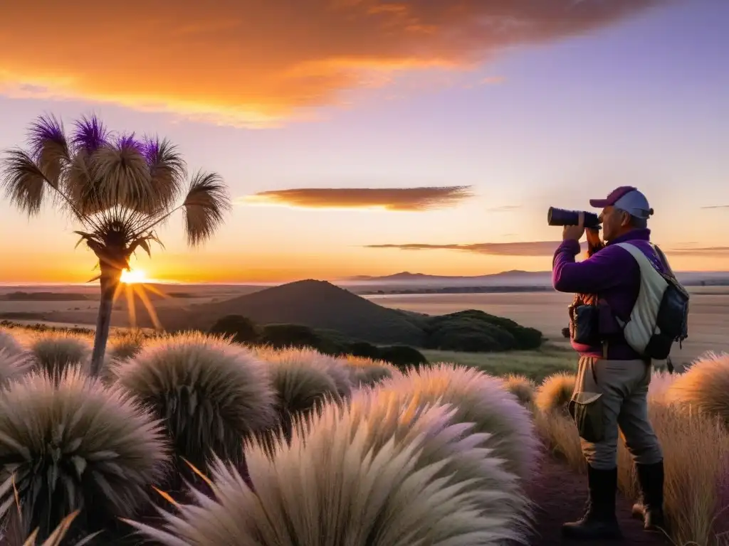 Un observador de aves aplica técnicas avanzadas en un amanecer uruguayo, entre colores vivos del cielo y pájaros multicolor en un Ombú