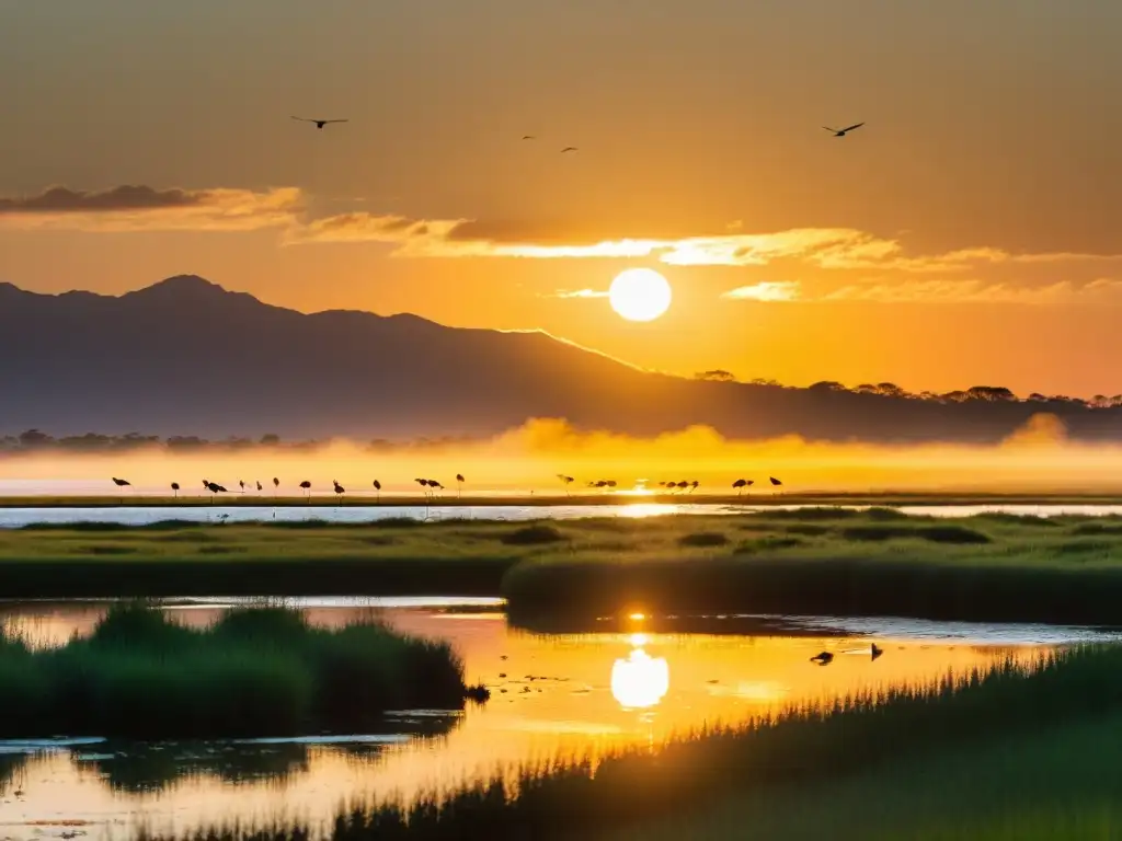 Observador solitario disfrutando el amanecer dorado en los humedales de Uruguay, uno de los mejores lugares para la observación de aves