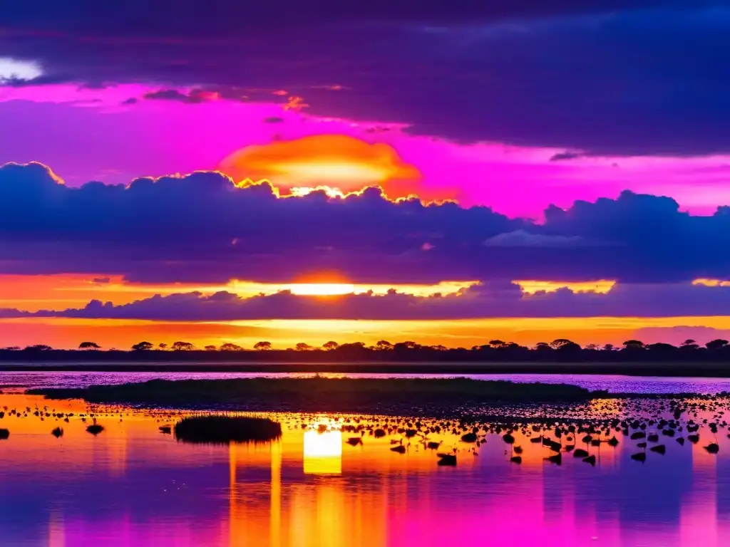 Observador solitario en uno de los mejores lugares de observación de aves en Uruguay, disfrutando un atardecer mágico en los humedales