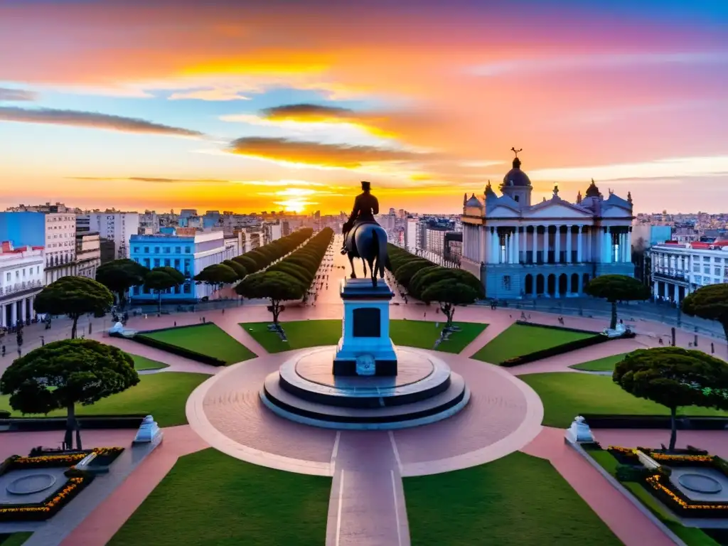 El orgulloso Mausoleo de Artigas domina la historia Plaza Independencia Montevideo, bajo un vibrante atardecer uruguayo