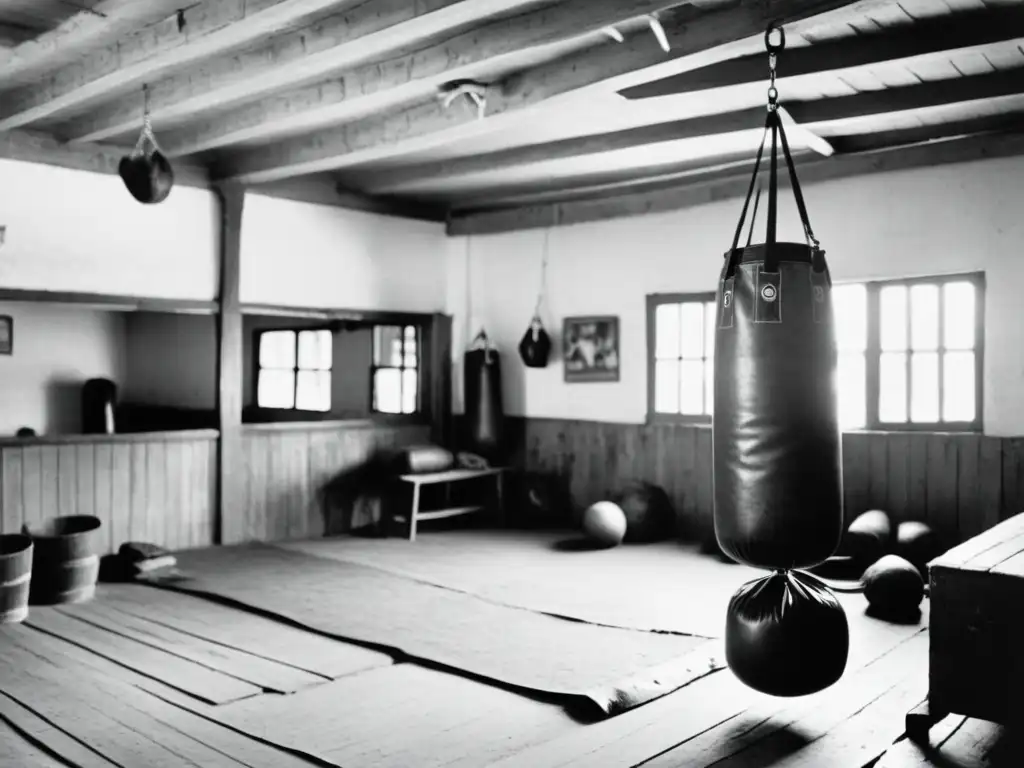 Orgulloso veterano observa el intenso entrenamiento en un gimnasio de boxeo en Uruguay, 1970, rodeado de historia y leyendas del boxeo uruguayo