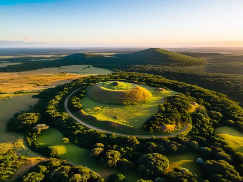 Orígenes prehistoria Uruguay viaje: vista aérea del sitio Chamangá al atardecer, arte rupestre iluminado por la luz dorada