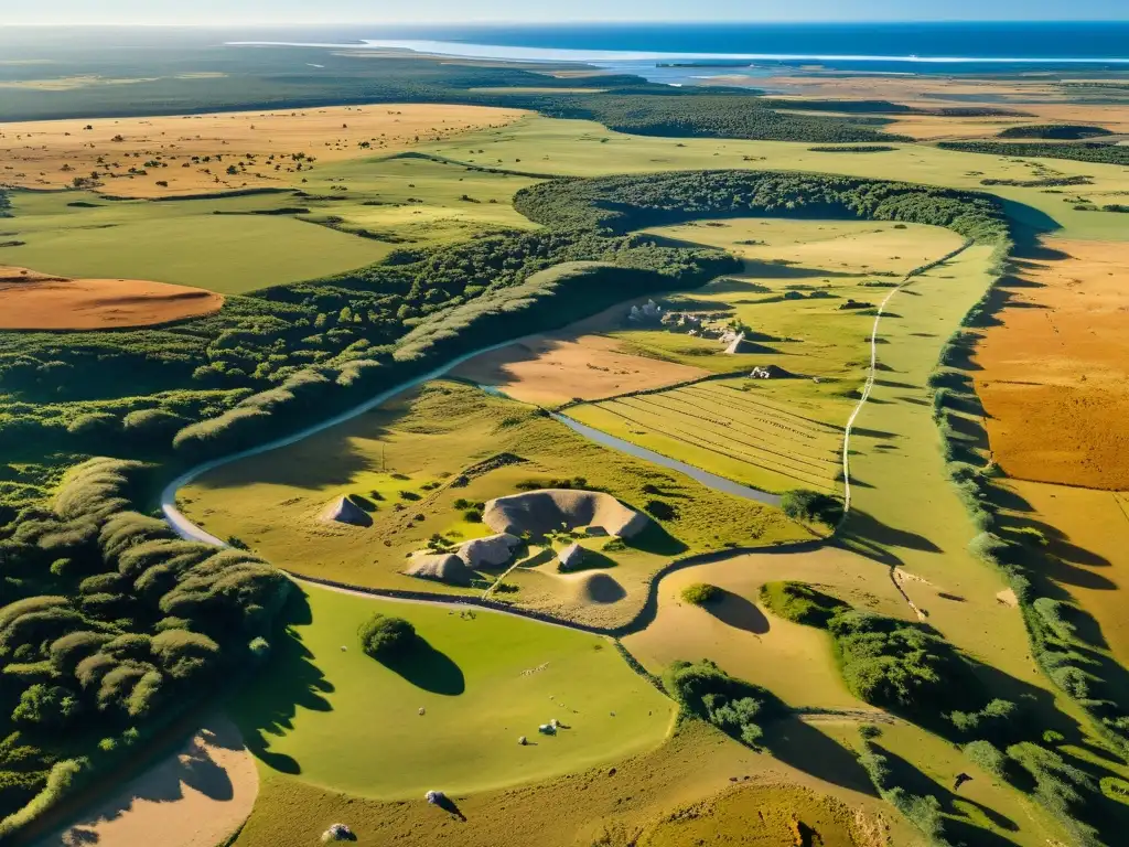 Orígenes prehistoria Uruguay viaje: vista aérea de la vasta pampa, guanacos pastando, excavaciones arqueológicas y pictogramas en el cielo