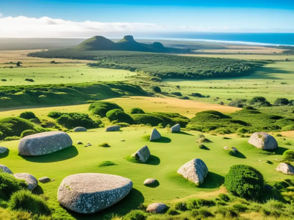 Orígenes prehistoria Uruguay viaje: arqueólogos explorando formaciones rocosas, etchadas con petroglifos antiguos, bajo un cálido atardecer